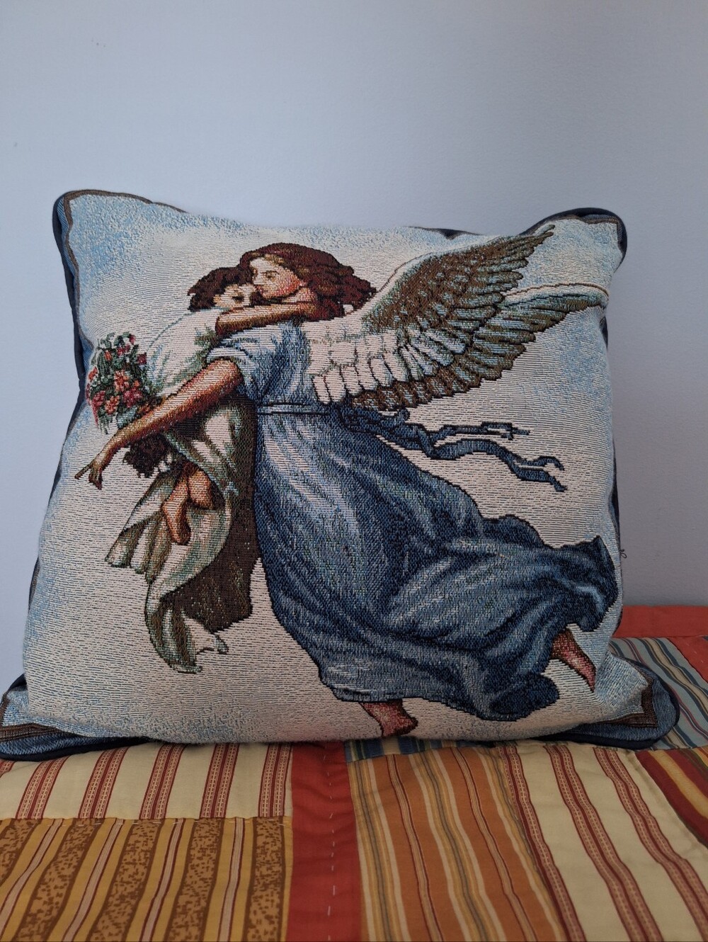 Vintage Angel Holding Child Tapestry Pillow 15" ×15" Blue Cotton Backing
